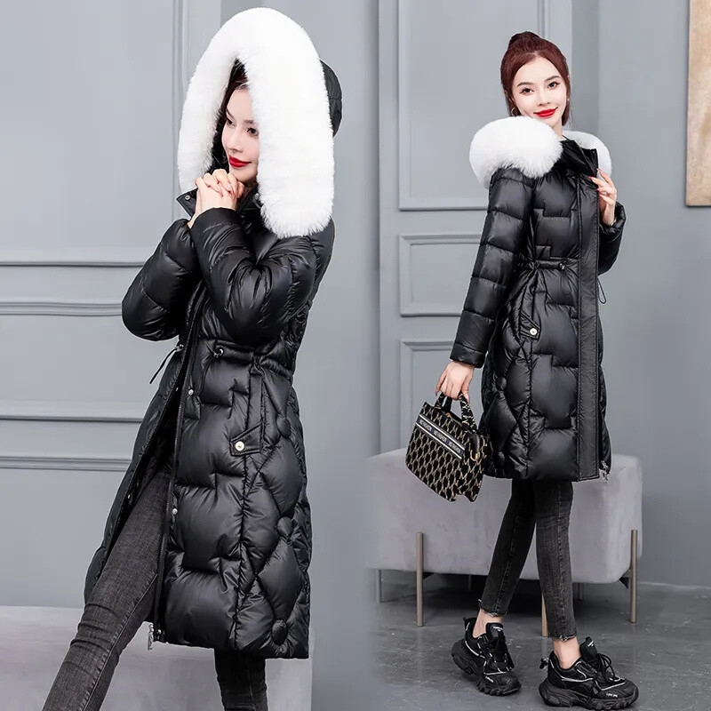 Nova zimska jakna za 2023., ženske parke, sjajna snježna odjeća, kaput, modna ženska parka s kapuljačom i krznenim ovratnikom, dugi kaput otporan na vjetar
