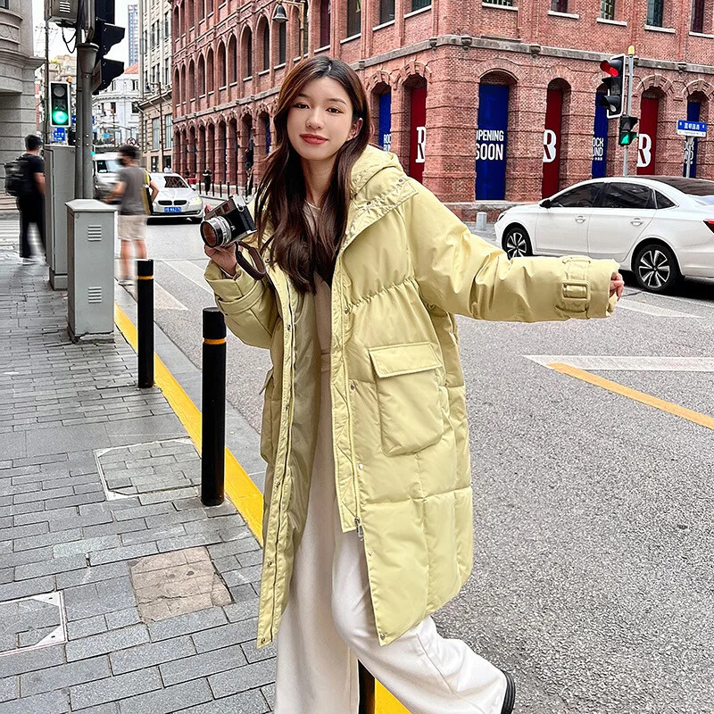 Ново модно зимно дамско пухено памучно палто с качулка Ежедневни широки паркове Памучно палто с големи джобове Удебелено топло дълго дамско палто