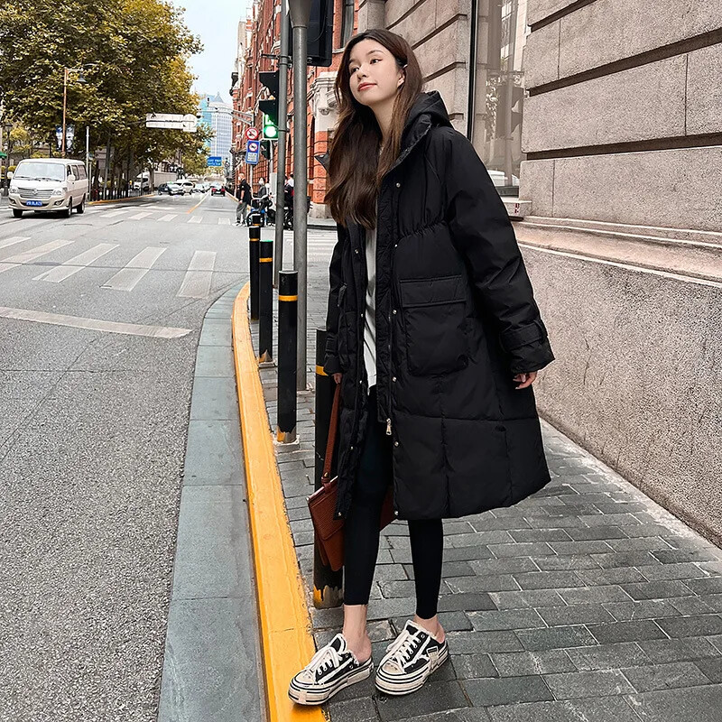 Ново модно зимно дамско пухено памучно палто с качулка Ежедневни широки паркове Памучно палто с големи джобове Удебелено топло дълго дамско палто