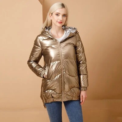 Läikiv udupuuvillane pargid Talve polsterdatud jope Naiste kapuutsiga lukuga taskud Naiste veekindel mantel Lahtine paks soe ülerõivad