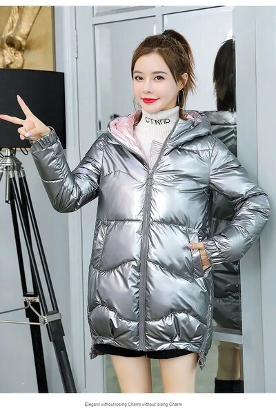 Läikiv udupuuvillane pargid Talve polsterdatud jope Naiste kapuutsiga lukuga taskud Naiste veekindel mantel Lahtine paks soe ülerõivad