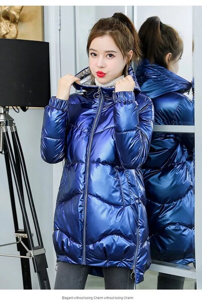 Läikiv udupuuvillane pargid Talve polsterdatud jope Naiste kapuutsiga lukuga taskud Naiste veekindel mantel Lahtine paks soe ülerõivad