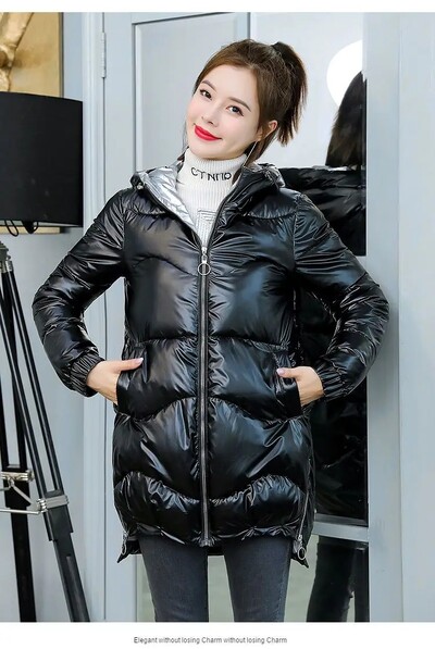 Läikiv udupuuvillane pargid Talve polsterdatud jope Naiste kapuutsiga lukuga taskud Naiste veekindel mantel Lahtine paks soe ülerõivad