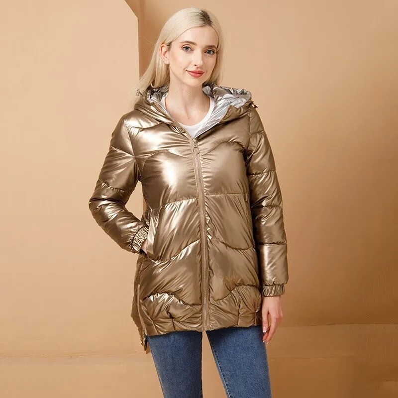 Läikiv udupuuvillane pargid Talve polsterdatud jope Naiste kapuutsiga lukuga taskud Naiste veekindel mantel Lahtine paks soe ülerõivad