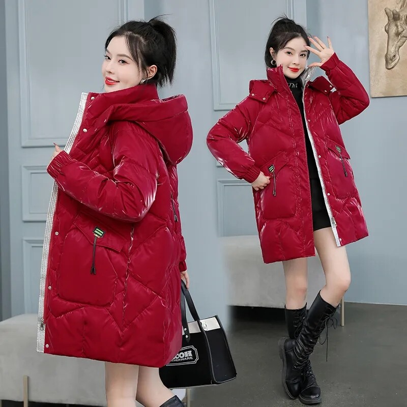 2023 Νέο χειμερινό γυναικείο φωτεινό πρόσωπο χωρίς πλύσιμο βαμβακερό παλτό Κορεατικό φαρδύ τζάκετ γυναικείο μεγάλου μεγέθους μακριά παρκά με κουκούλα