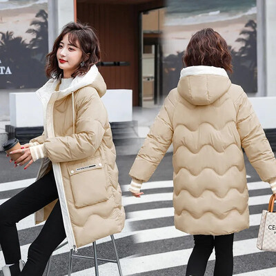 Γυναικείο βαμβακερό τζάκετ με πουπουλένια επένδυση 2023 Νέο χειμωνιάτικο φαρδύ Κορεάτικο παλτό με μακρύ κουκούλα με επένδυση Μπουφάν Παχύ παλτό μπλε κίτρινο