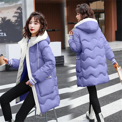 Γυναικείο βαμβακερό τζάκετ με πουπουλένια επένδυση 2023 Νέο χειμωνιάτικο φαρδύ Κορεάτικο παλτό με μακρύ κουκούλα με επένδυση Μπουφάν Παχύ παλτό μπλε κίτρινο