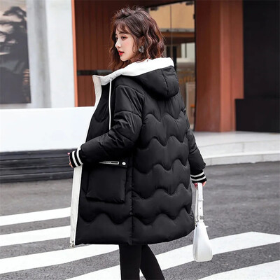 Γυναικείο βαμβακερό τζάκετ με πουπουλένια επένδυση 2023 Νέο χειμωνιάτικο φαρδύ Κορεάτικο παλτό με μακρύ κουκούλα με επένδυση Μπουφάν Παχύ παλτό μπλε κίτρινο