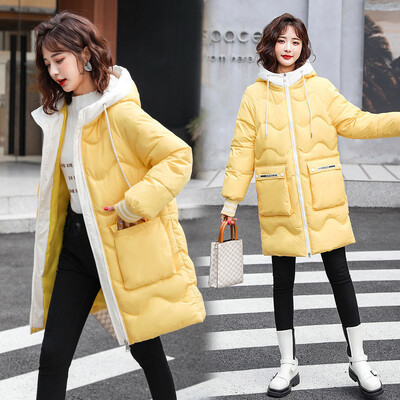 Γυναικείο βαμβακερό τζάκετ με πουπουλένια επένδυση 2023 Νέο χειμωνιάτικο φαρδύ Κορεάτικο παλτό με μακρύ κουκούλα με επένδυση Μπουφάν Παχύ παλτό μπλε κίτρινο
