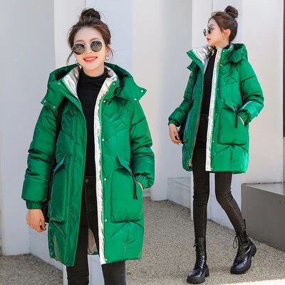 2022. aasta mood Uus särav kangas Paks soojad talvejoped Naiste puuvillased polsterdatud mantlid, keskmise pikkusega naiste parkad Naiste ülerõivad