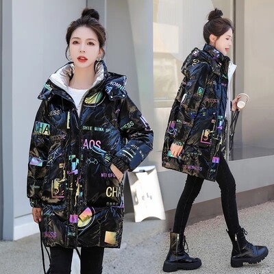 2022. aasta mood Uus särav kangas Paks soojad talvejoped Naiste puuvillased polsterdatud mantlid, keskmise pikkusega naiste parkad Naiste ülerõivad