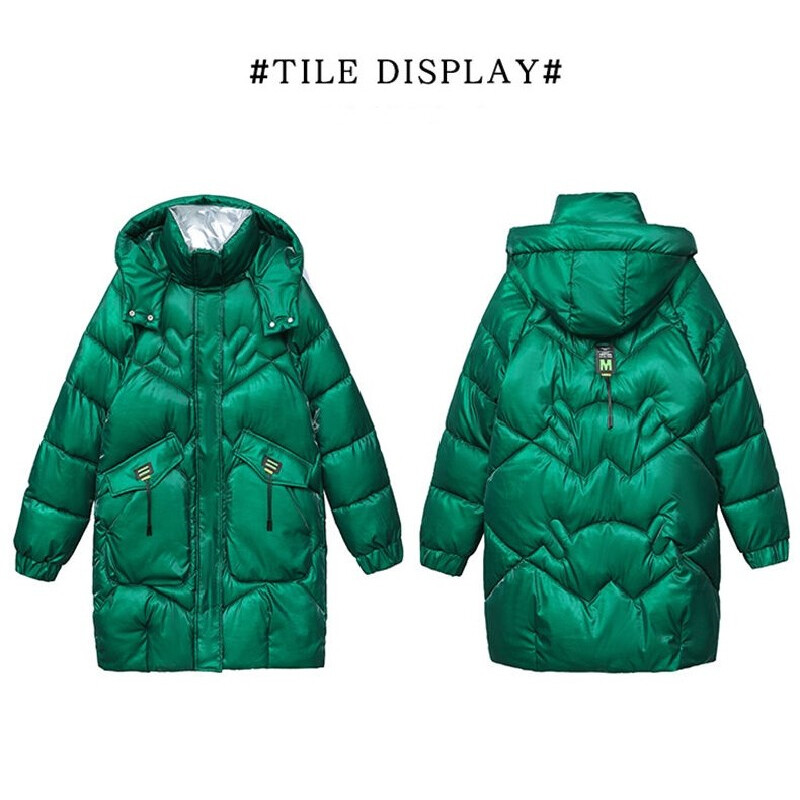 2022. aasta mood Uus särav kangas Paks soojad talvejoped Naiste puuvillased polsterdatud mantlid, keskmise pikkusega naiste parkad Naiste ülerõivad