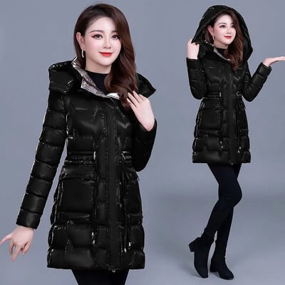 Jachetă de iarnă lucioasă pentru zăpadă, pentru femei, din bumbac, subțire, cu glugă, pardesiu, cald la mijloc, lung, la modă, jachetă parka groasă