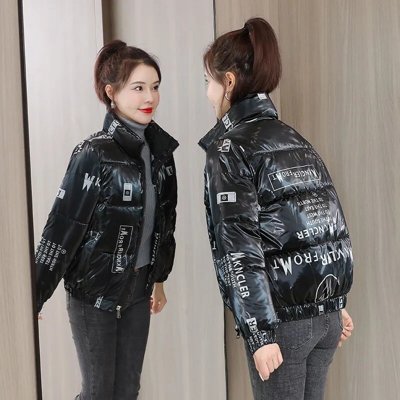 2024 Κορεάτικη μόδα Γυναικείο μπουφάν πουπουλένιο βαμβακερό παλτό γυαλιστερό Puffer Parkas Γυναικεία ρούχα με στάμπα Casual Thicken Ζεστά βαμβακερά μπουφάν