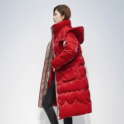 Nova zimska pamučna jakna za 2024. Ženski sjajni, deblji kaput s kapuljačom Ženski topli kaput s parkom za snijeg Ležerni dugi pamučni kaputi