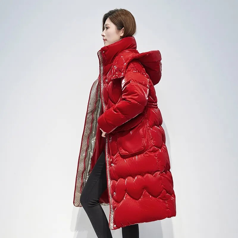 Nova zimska pamučna jakna za 2024. Ženski sjajni, deblji kaput s kapuljačom Ženski topli kaput s parkom za snijeg Ležerni dugi pamučni kaputi