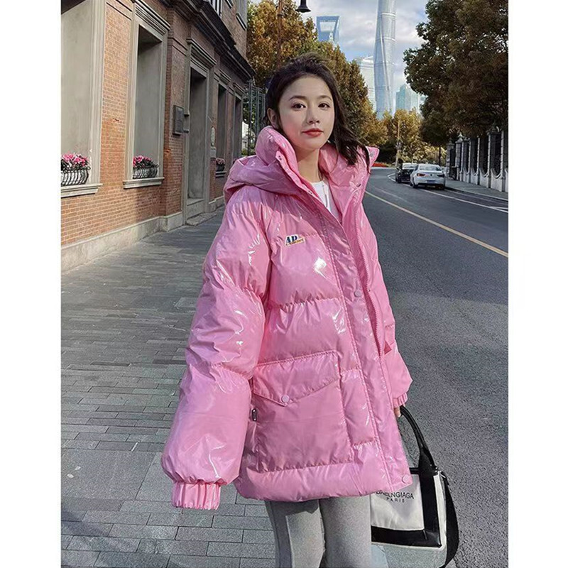 Roosa läikiv sule puuvillapolsterdatud jope naiste 2024 talve uus lahtine paks parkmantel vabaaja kapuutsiga keskmise pikkusega kuni pikad ülerõivad