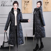 Klasične crne duge parke s kapuljačom Ženski dizajn na vezivanje do struka Snježne pamučne jakne, jednoredno kopčanje, samostojeći ovratnik, topli kaput