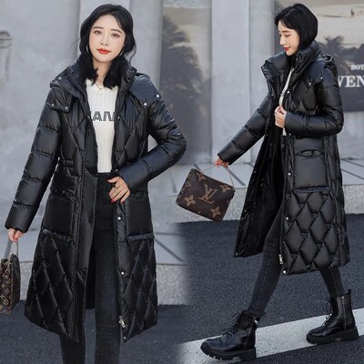 Klasične crne duge parke s kapuljačom Ženski dizajn na vezivanje do struka Snježne pamučne jakne, jednoredno kopčanje, samostojeći ovratnik, topli kaput