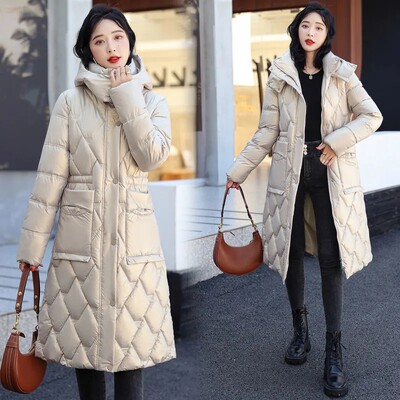 Klasične crne duge parke s kapuljačom Ženski dizajn na vezivanje do struka Snježne pamučne jakne, jednoredno kopčanje, samostojeći ovratnik, topli kaput