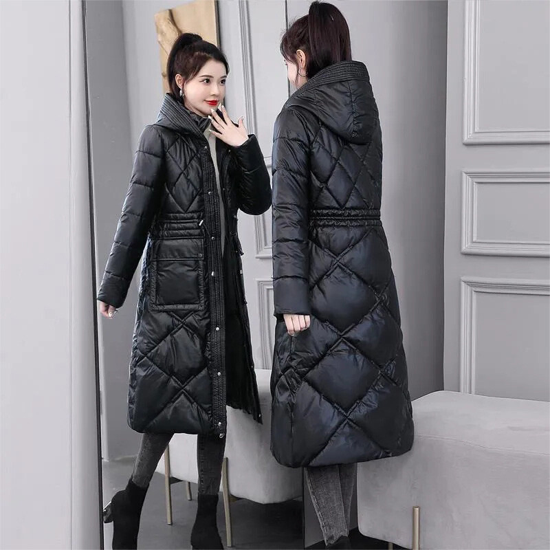 Klasične crne duge parke s kapuljačom Ženski dizajn na vezivanje do struka Snježne pamučne jakne, jednoredno kopčanje, samostojeći ovratnik, topli kaput