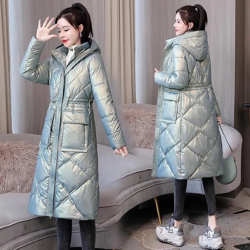 Klasične crne duge parke s kapuljačom Ženski dizajn na vezivanje do struka Snježne pamučne jakne, jednoredno kopčanje, samostojeći ovratnik, topli kaput