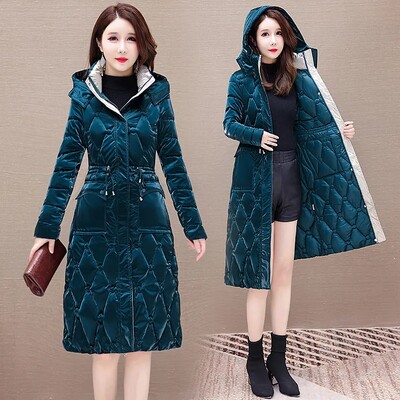 Nova zimska jakna od sjajnog puhastog pamuka za 2024. Novi ženski uski kaput s kapuljačom, modni ženski dugi, topli podstavljeni kaput