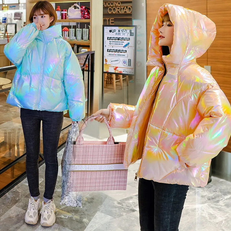 Дамски паркове 2024 Ново модно зимно яке Парка с лъскава памучна подплата Горно облекло с качулка Твърдо женско яке Снежно облекло Палто