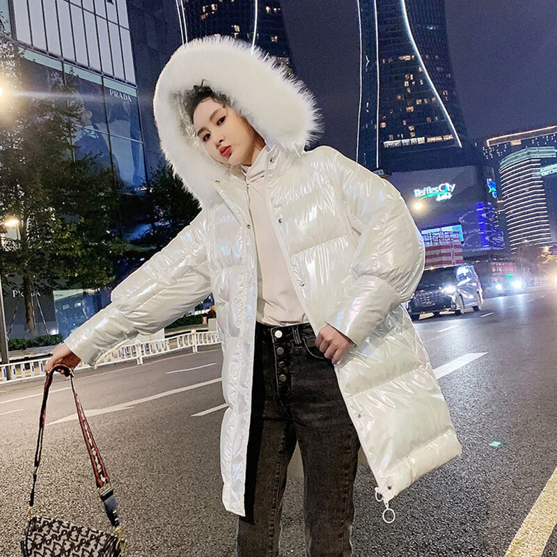 Ženska sjajna pamučna jakna 2022. Zimske duge parke Ženski kaput Toplo bijeli krzneni ovratnik s kapuljačom Gornja odjeća