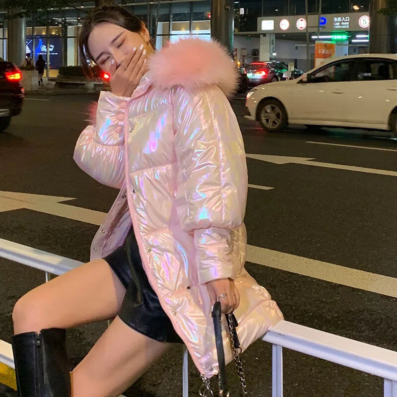 Ženska sjajna pamučna jakna 2022. Zimske duge parke Ženski kaput Toplo bijeli krzneni ovratnik s kapuljačom Gornja odjeća
