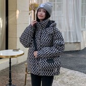 2023 Χειμερινό λαμπερό καρό μπουφάν για κορίτσια με κουκούλα χοντρό ζεστό παλτό Parkas Εξωτερικά ρούχα με εμπριμέ κοντό γυναικείο παλτό Puffer ευέλικτο