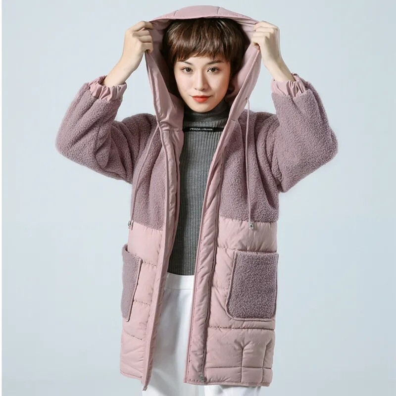 Jakna podstavljena pamukom Ženski zimski kaput od janjeće vune Zadebljani široki ležerni džepovi Zatvarači s kapuljačom Duge parke Gornja odjeća Kaputi Novo