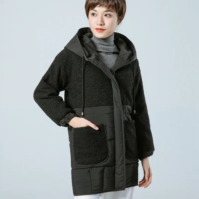 Jakna podstavljena pamukom Ženski zimski kaput od janjeće vune Zadebljani široki ležerni džepovi Zatvarači s kapuljačom Duge parke Gornja odjeća Kaputi Novo