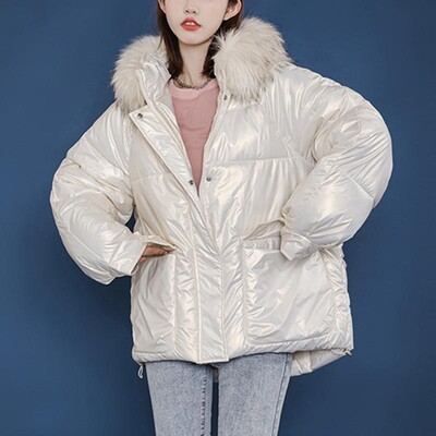 Sjajna jakna metalik boje Zimski ženski pamučni krzneni ovratnik s kapuljačom dugih rukava Debeli topli osnovni široki ženski kaput Chic Novo