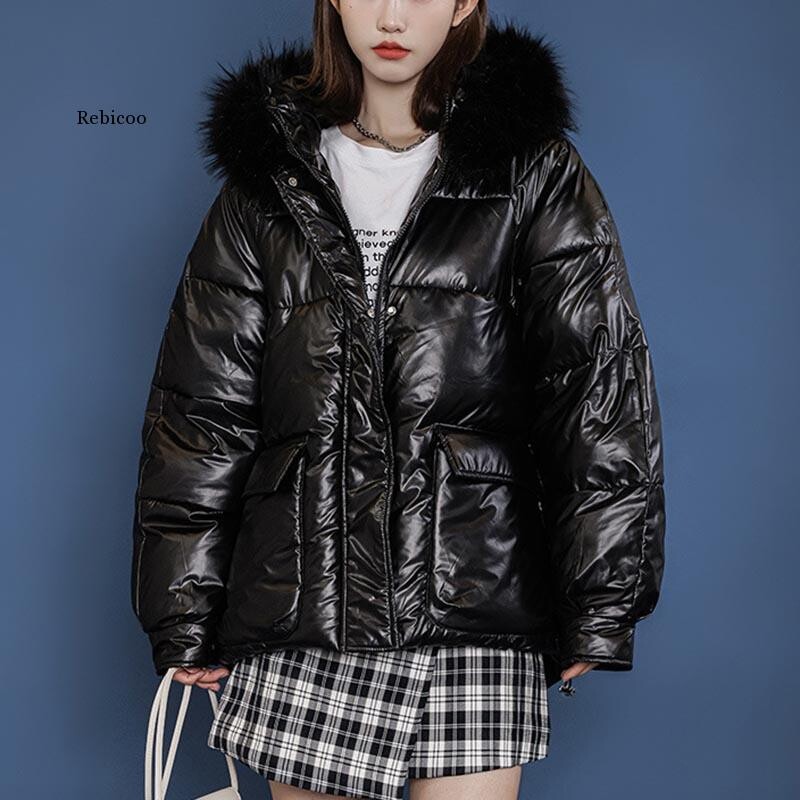 Sjajna jakna metalik boje Zimski ženski pamučni krzneni ovratnik s kapuljačom dugih rukava Debeli topli osnovni široki ženski kaput Chic Novo