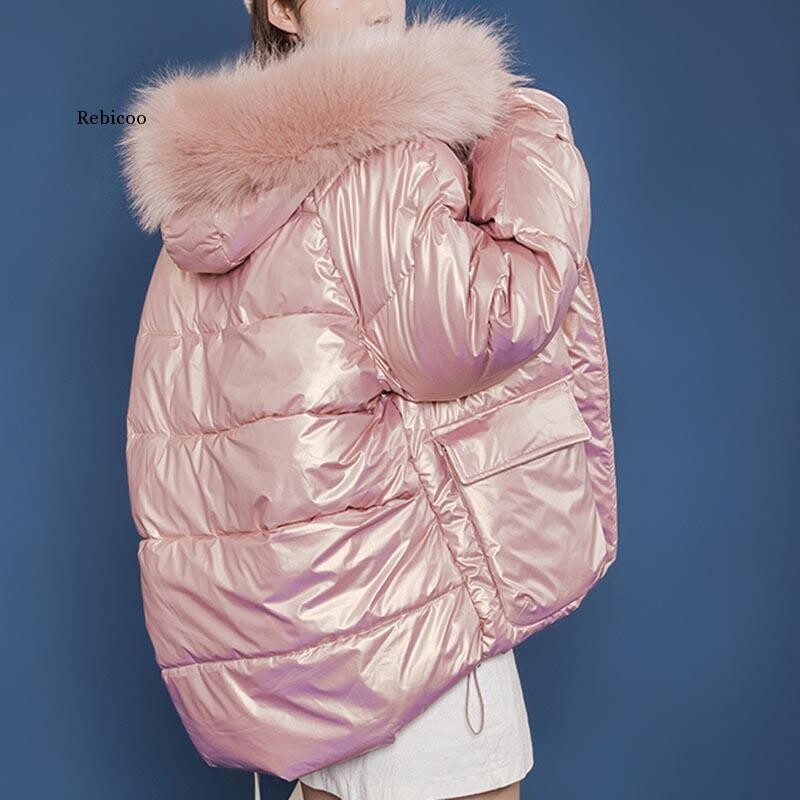 Sjajna jakna metalik boje Zimski ženski pamučni krzneni ovratnik s kapuljačom dugih rukava Debeli topli osnovni široki ženski kaput Chic Novo