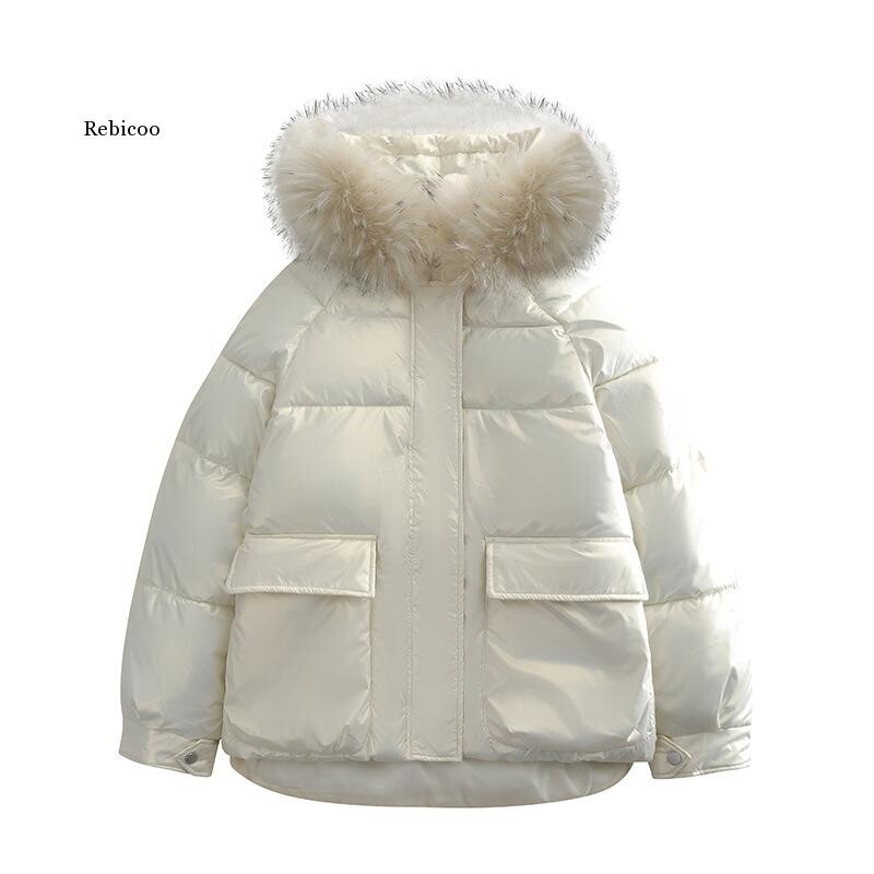 Sjajna jakna metalik boje Zimski ženski pamučni krzneni ovratnik s kapuljačom dugih rukava Debeli topli osnovni široki ženski kaput Chic Novo