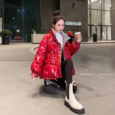 Ühekordselt kasutatav läikiv sulepolsterdatud jakk naiste keskmise pikkusega 2024, uus talvine vaba ühevärviline moodne naiste stiil, mida ületada