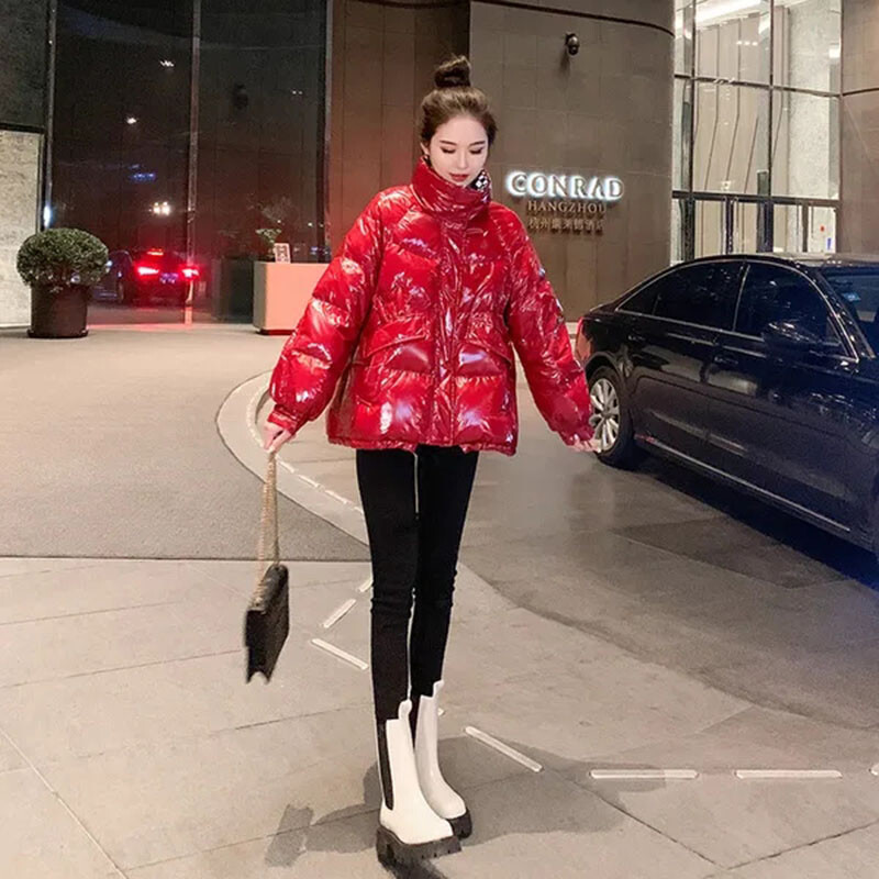 Ühekordselt kasutatav läikiv sulepolsterdatud jakk naiste keskmise pikkusega 2024, uus talvine vaba ühevärviline moodne naiste stiil, mida ületada