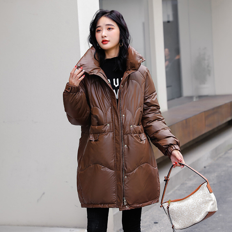 Naiste Parka 2022 talvejope, läikiv nahk, pikk mantel, puuvillane polsterdatud vabaaja Parka jakid, paksud, soojad naiste mantlid.