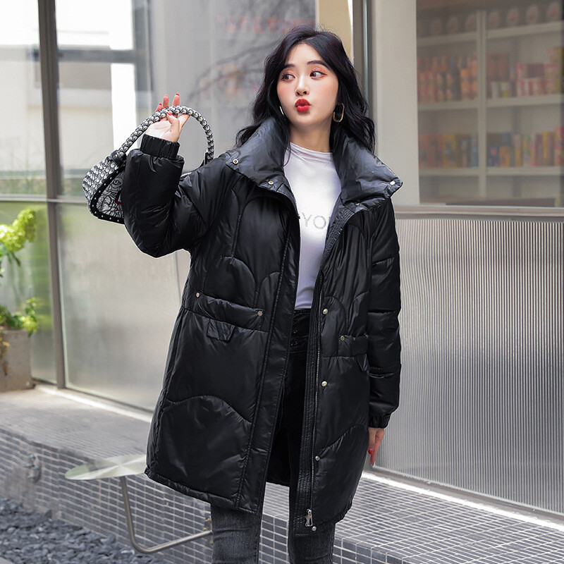 Naiste Parka 2022 talvejope, läikiv nahk, pikk mantel, puuvillane polsterdatud vabaaja Parka jakid, paksud, soojad naiste mantlid.