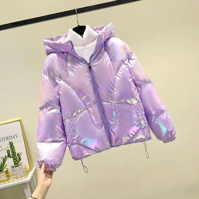 Nova sjajna kratka zimska jakna Ženska topla pamučna jakna s kapuljačom Parke Ženska široka gornja odjeća Korejski zimski kaput podstavljen pamukom