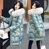 Talveparka naiste jakid 2023, uus pikk läikiv vabaaja karusnahast krae kapuutsiga paks soe puuvillane polsterdatud mantel Naiste veekindel välisriietus