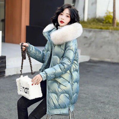 Talveparka naiste jakid 2023, uus pikk läikiv vabaaja karusnahast krae kapuutsiga paks soe puuvillane polsterdatud mantel Naiste veekindel välisriietus