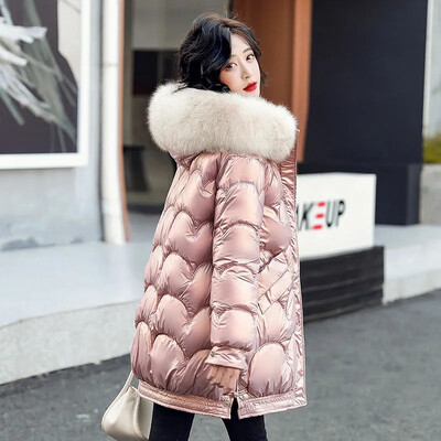 Talveparka naiste jakid 2023, uus pikk läikiv vabaaja karusnahast krae kapuutsiga paks soe puuvillane polsterdatud mantel Naiste veekindel välisriietus