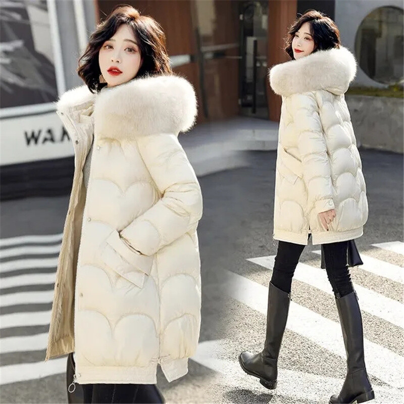 Talveparka naiste jakid 2023, uus pikk läikiv vabaaja karusnahast krae kapuutsiga paks soe puuvillane polsterdatud mantel Naiste veekindel välisriietus