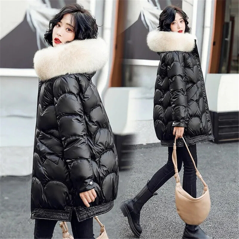 Talveparka naiste jakid 2023, uus pikk läikiv vabaaja karusnahast krae kapuutsiga paks soe puuvillane polsterdatud mantel Naiste veekindel välisriietus