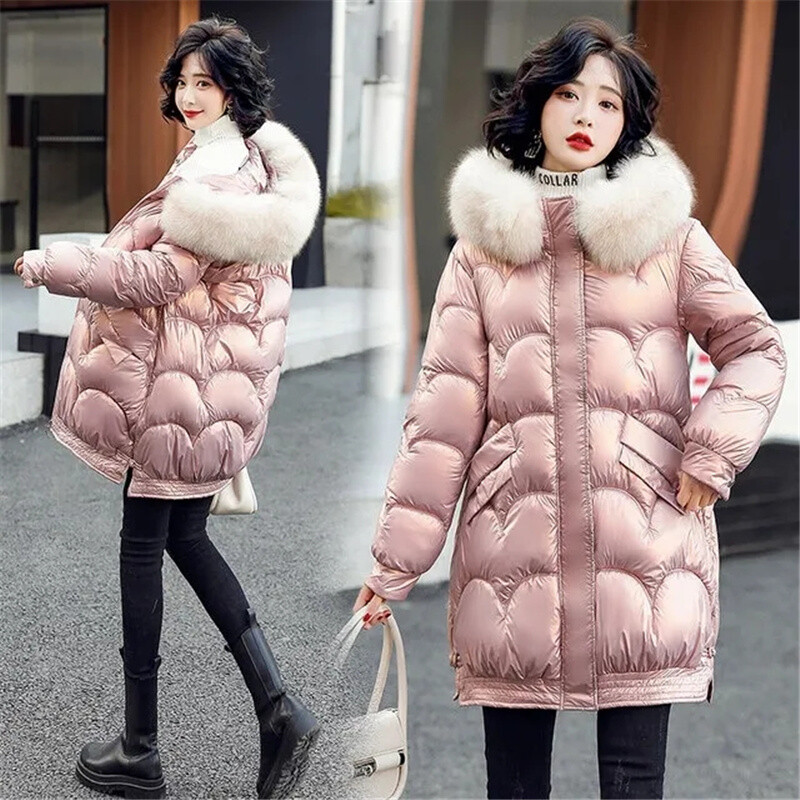 Talveparka naiste jakid 2023, uus pikk läikiv vabaaja karusnahast krae kapuutsiga paks soe puuvillane polsterdatud mantel Naiste veekindel välisriietus