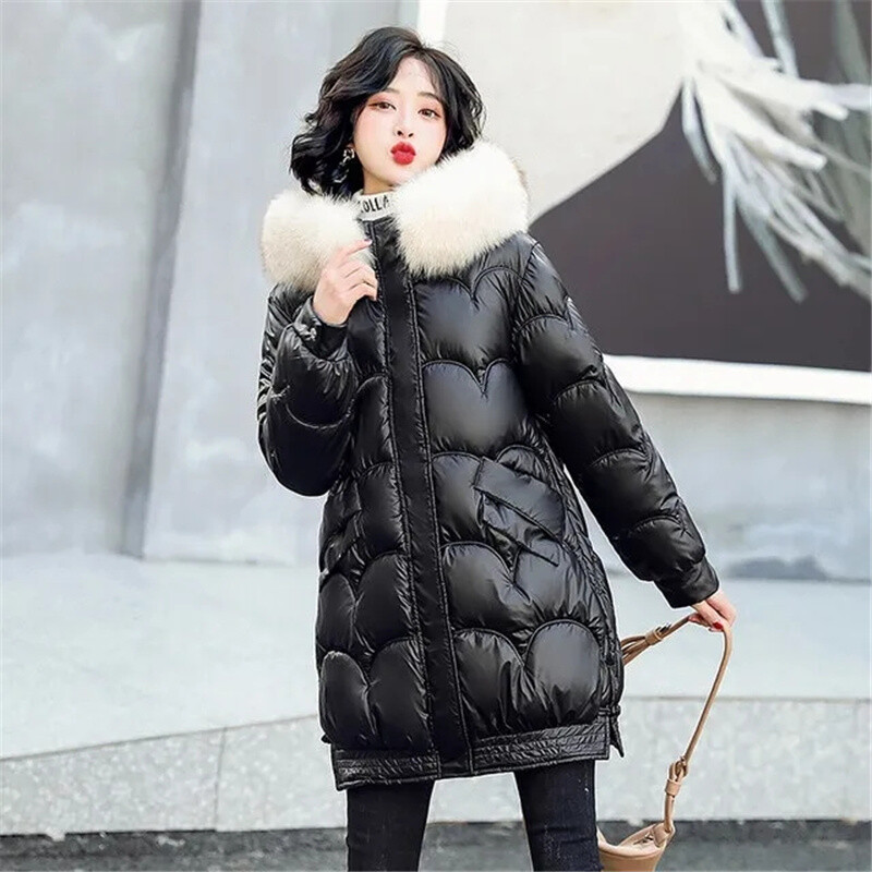 Talveparka naiste jakid 2023, uus pikk läikiv vabaaja karusnahast krae kapuutsiga paks soe puuvillane polsterdatud mantel Naiste veekindel välisriietus
