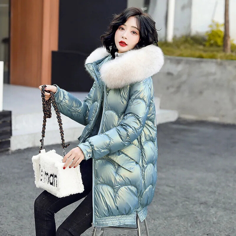 Talveparka naiste jakid 2023, uus pikk läikiv vabaaja karusnahast krae kapuutsiga paks soe puuvillane polsterdatud mantel Naiste veekindel välisriietus